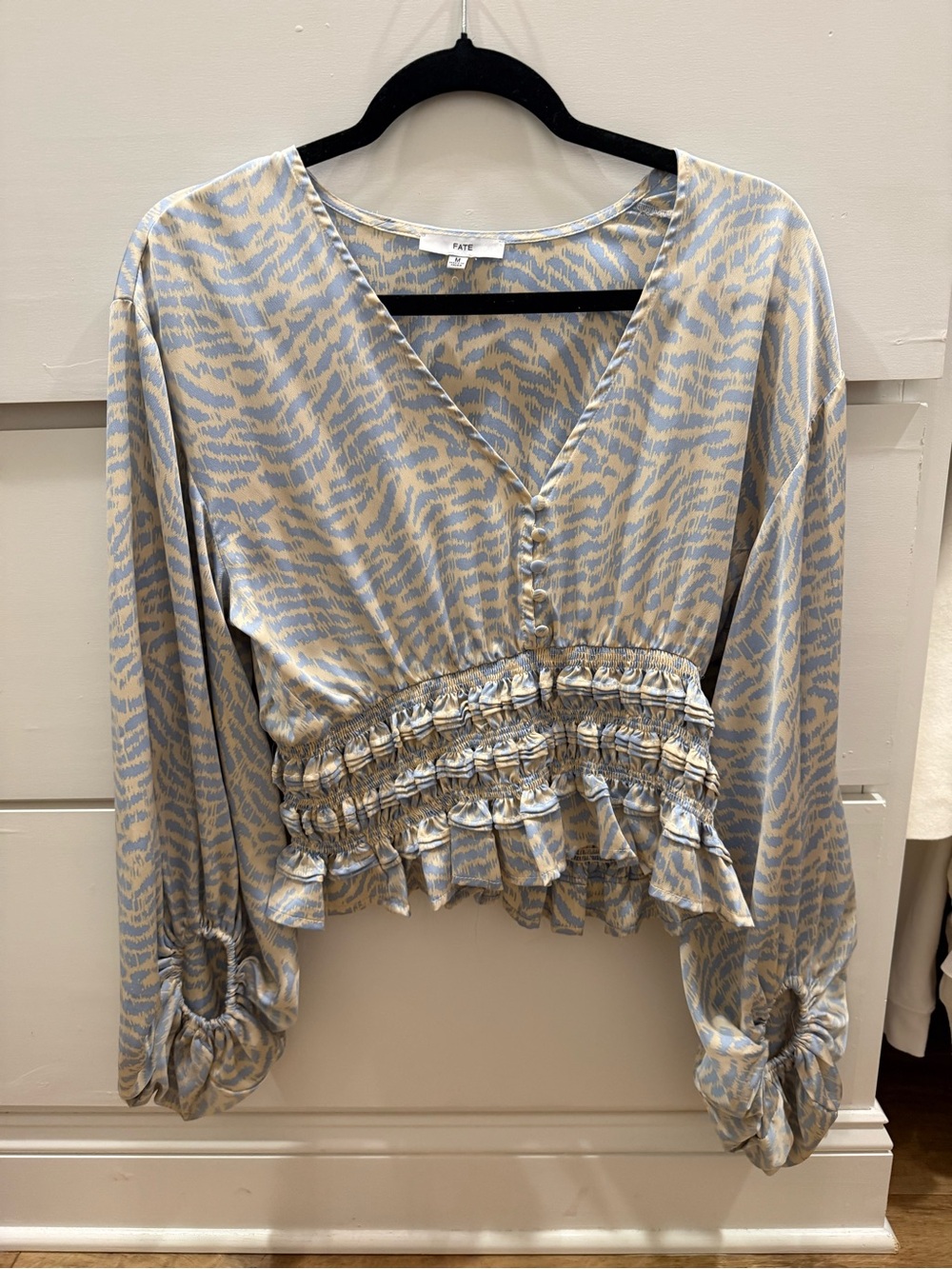 Fate Blue and Cream Smocked Peplum V-Neck Blouse